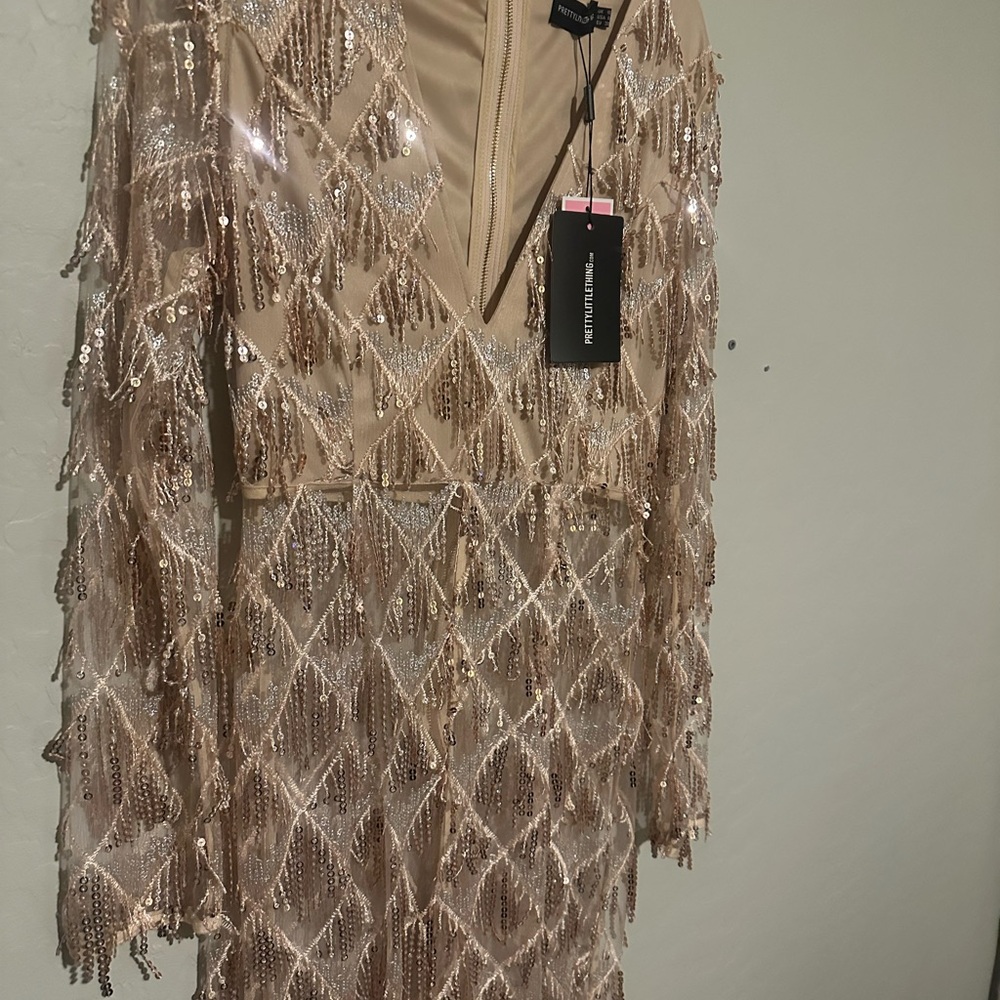 Rose Gold Tassel Sequin Plunge Jumpsuit
